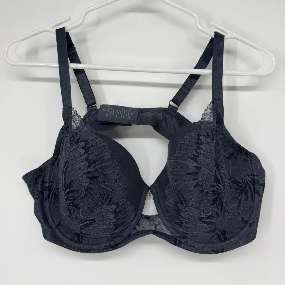 ThirdLove Petal Lace Demi Bra Stormy Night Gray 42B Floral Mesh Underwire